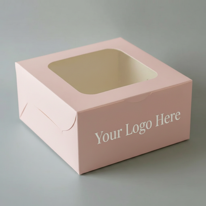 Pink box with a window on a gray background, ready for branding.