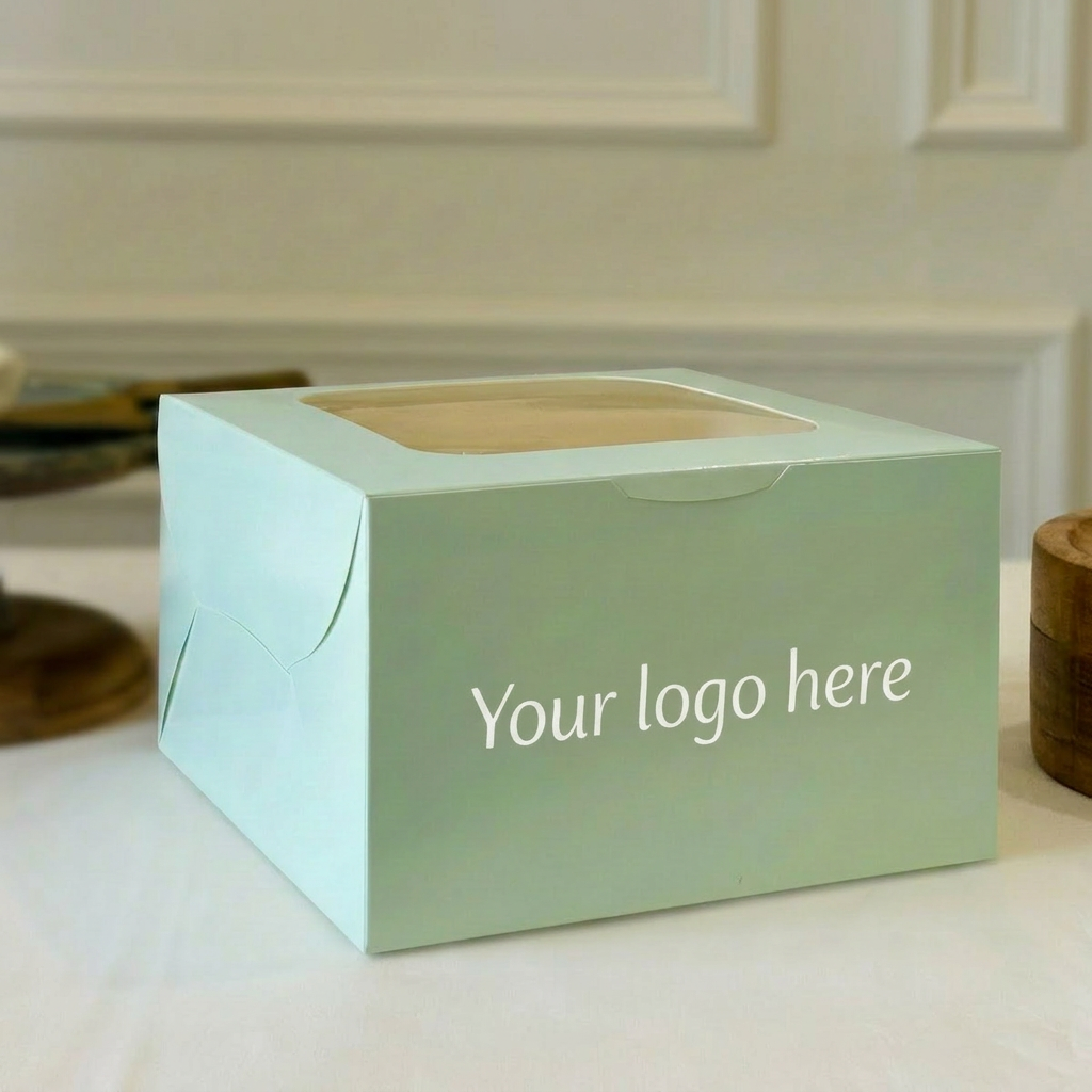 Light green cake box with a window on top, placed on a white surface.