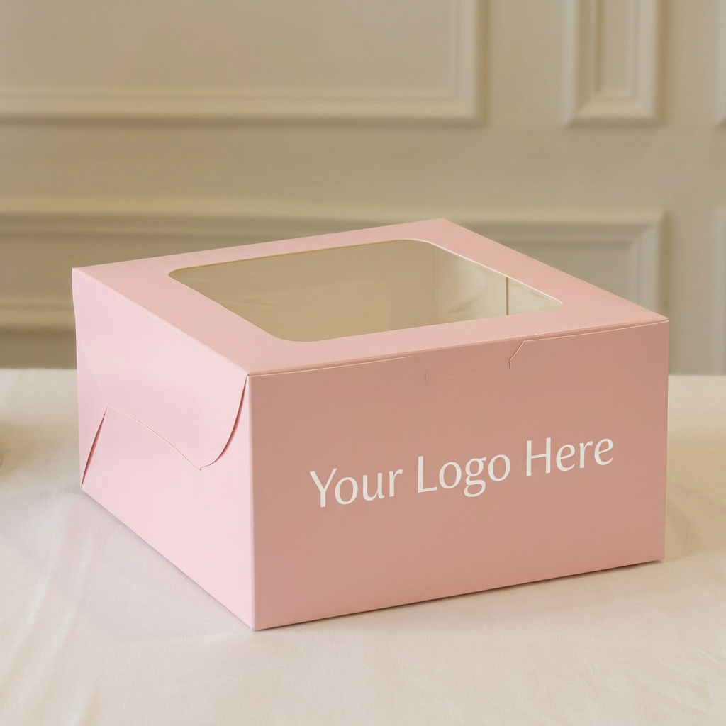Pink box with a window on top and 'Your Logo Here' text, placed on a light surface.